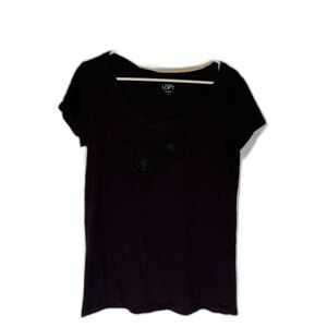 LOFT Black Cotton Tee Boho Minimalist Floral Embroidered Top Casual Chic M